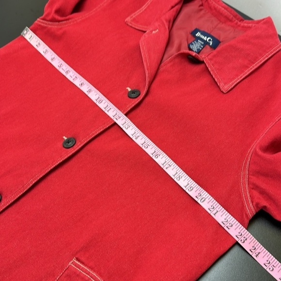 Denim&Co.Red Denim Long Line Jacket Button Front Pockets size Medium Oversized - Picture 10 of 14